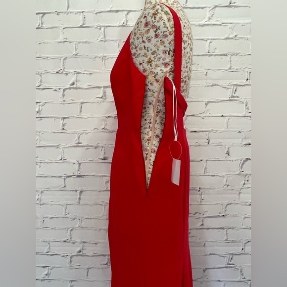 Dessy Collection Stand Collar Halter Maxi Dress With Criss Cross Open-Back Red - Picture 6 of 9